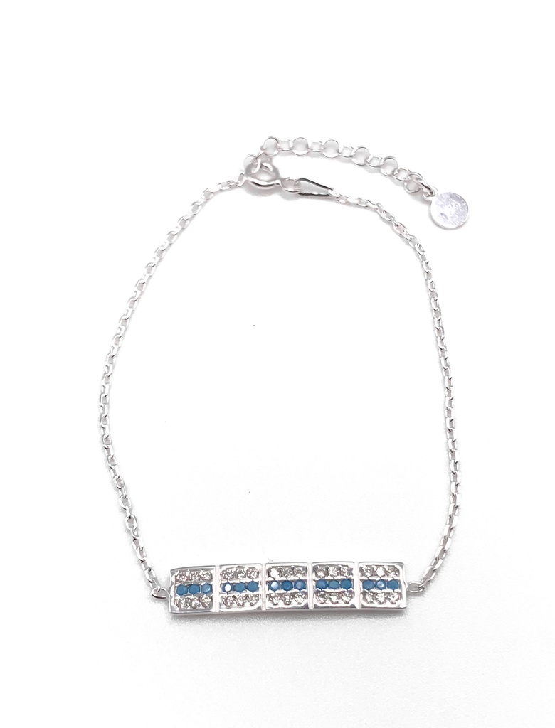 Pulseras plata línea de rectángulos con enjoye en celeste y blanco