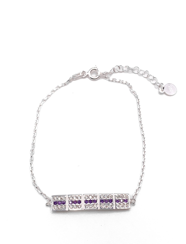 Pulseras plata línea de rectángulos con enjoye en morado y blanco