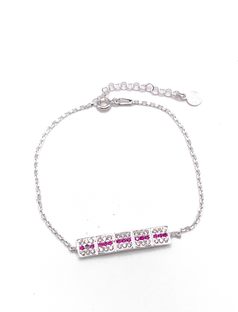 Pulseras plata línea de rectángulos con enjoye en fucsia y blanco
