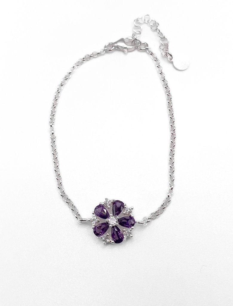Pulseras plata flor piedras moradas
