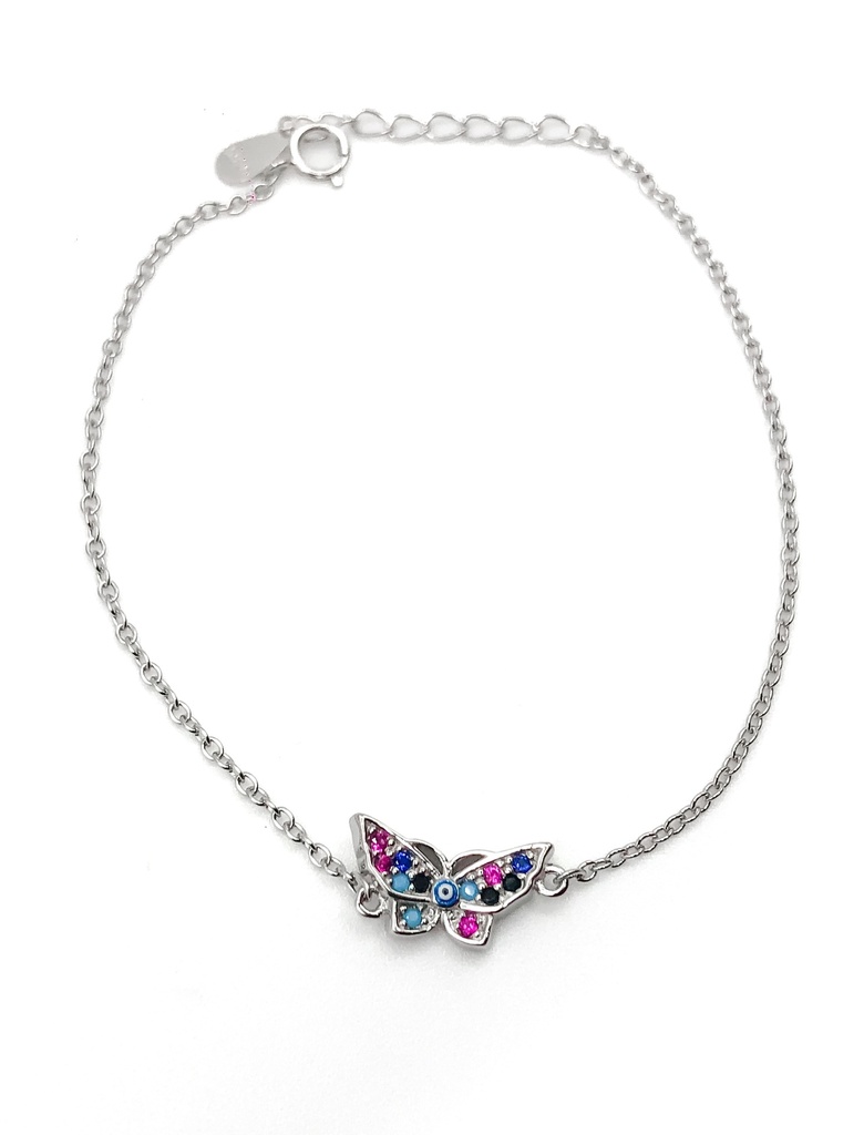 Pulseras plata mariposa con ojo turco pequeño y pierdas multicolores