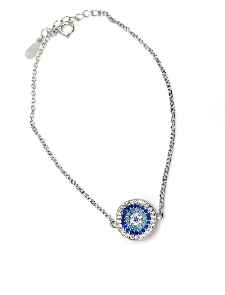 Pulseras plata plato pequeño ojo turco mircropave piedras celestes, azules y blancas
