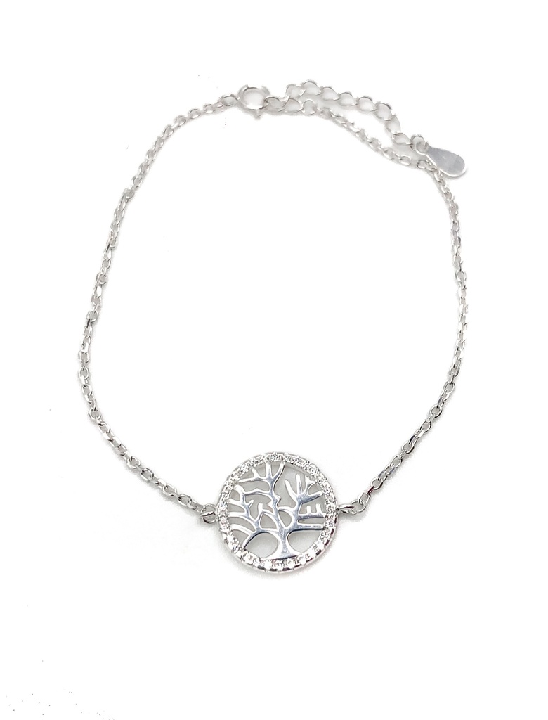 Pulseras plata árbol de la vida liso en circulo de piedras blancas