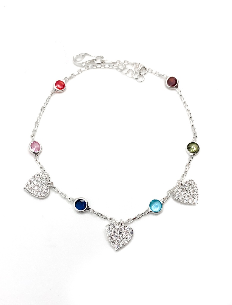 Pulseras plata corazones colgantes con circones multicolores