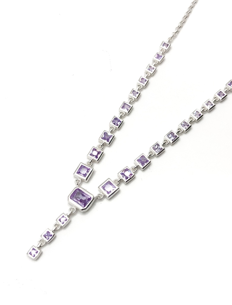 Collares plata regulable de piedras lilas cuadradas