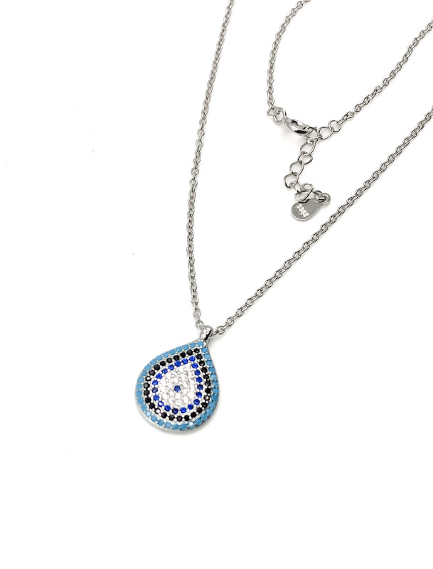 Collares plata gota grande ojo turco micro pave azul, negro, celeste y blanco