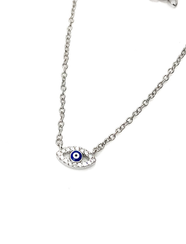 Collares plata ojo turco pequeño de piedras blancas con ojo azul