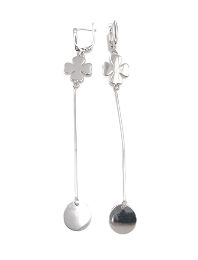 [E0041] Aretes plata largo con trebol de cuatro hojas