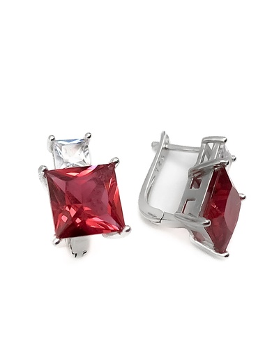 [E0053] Aretes plata de piedra cuadrada roja y blanca con broche patente