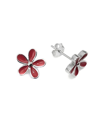 [E0100] Aretes plata flor esmaltada roja