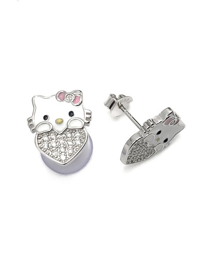 [E0104] Aretes plata hello kitty con corazón de piedras blancas