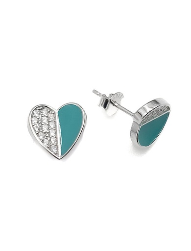 [E0106] Aretes plata corazón mitad esmaltado turquesa y mitad piedras blancas