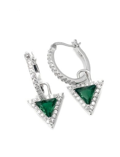 [E0113] Aretes plata Huggies enjoyado piedras blancas con triangulo colgante piedra verde