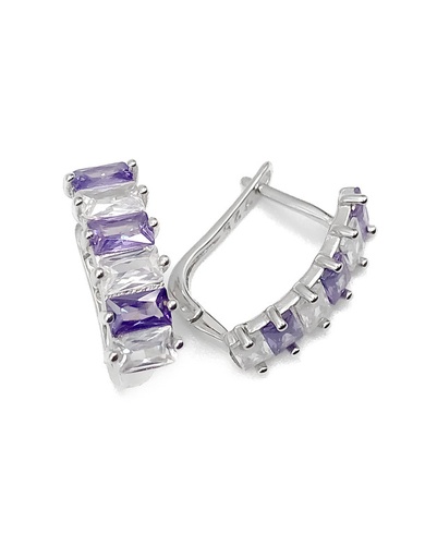 [E0117] Aretes plata rectagular piedras baguette blancas y lilas con broche de patente