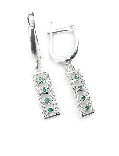 [E0161] Aretes plata con colgante rectangular de piedras blancas y verdes broche de patente