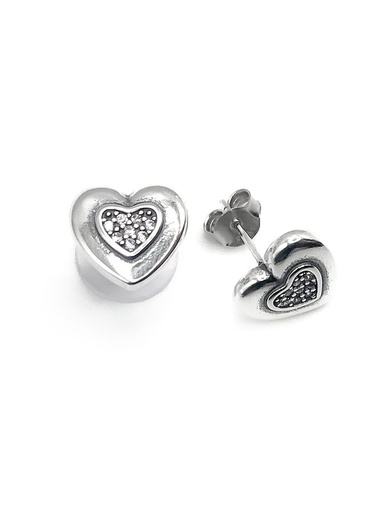 [E0187] Aretes plata corazon liso con corazon de piedras blancas