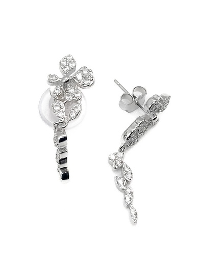 [E0195] Aretes plata largo flor con piedras grandes