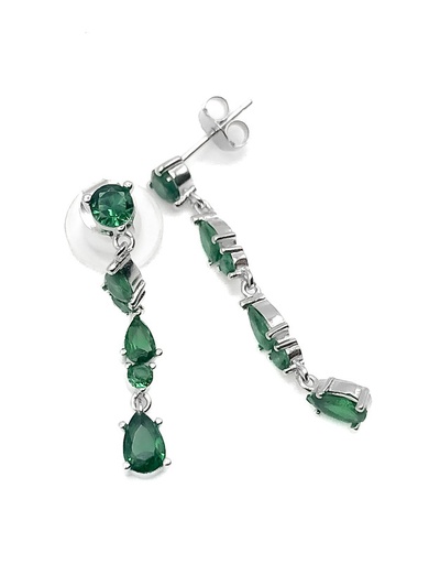 [E0220] Aretes plata largo piedras verde en gota