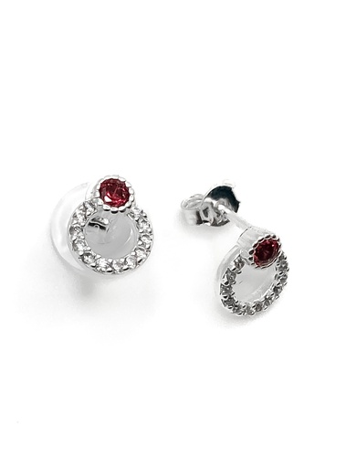 [E0271] Aretes plata circulo pequeño de piedras blancas con piedra roja