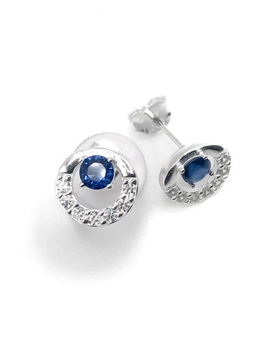 [E0278] Aretes plata circulo de piedras blancas con piedra interna azul