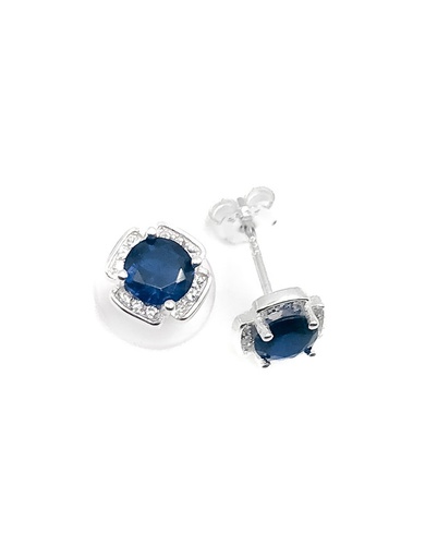 [E0293] Aretes plata flor cuadrada piedra azul