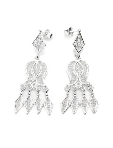 [E0294] Aretes plata flor con colgantes de filigrana