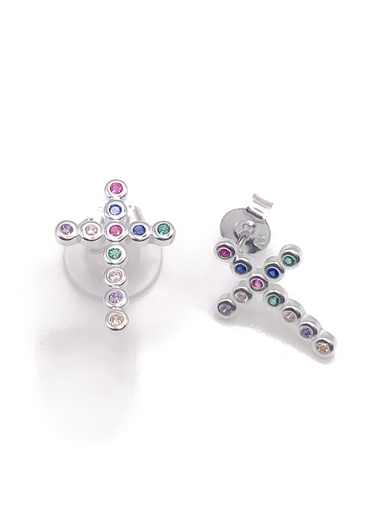 [E0316] Aretes plata cruz de bolitas multicolores