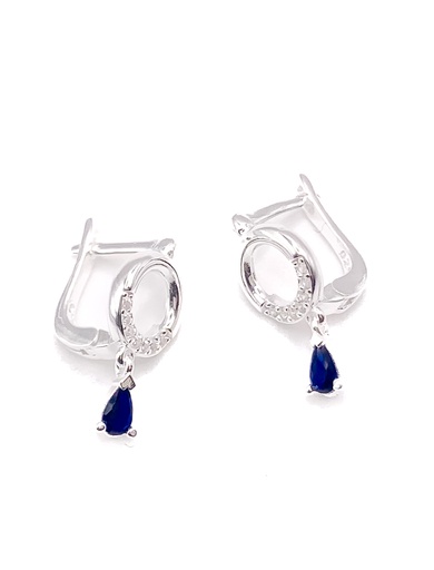 [E0324] Aretes plata con broche patente de circulo con enjoye y piedra colgante azul