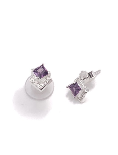 [E0336] Aretes plata rombo de piedras blancas y rombo de piedra morada