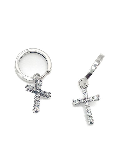 [E0363] Aretes plata huggie con cruz blanca colgante