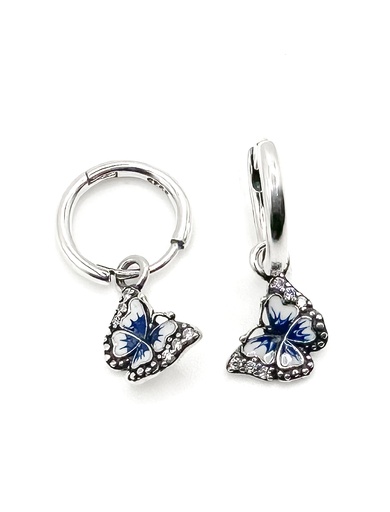 [E0366] Aretes plata huggie con mariposa celeste colgante