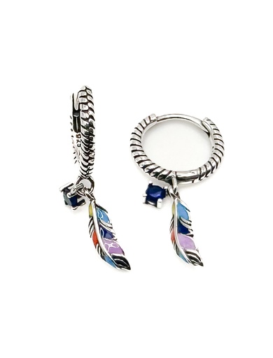 [E0367] Aretes plata huggie plumas multicolor