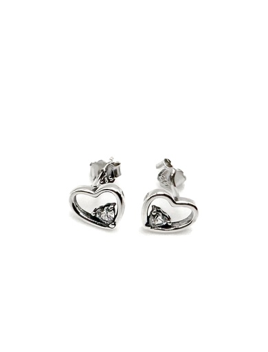 [E0371] Aretes plata corazon vacio con corazon pequeño de piedra blanca