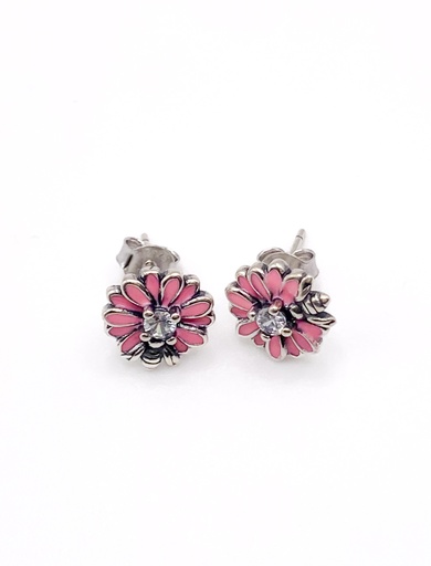 [E0381] Aretes plata flor rosada con mini abeja