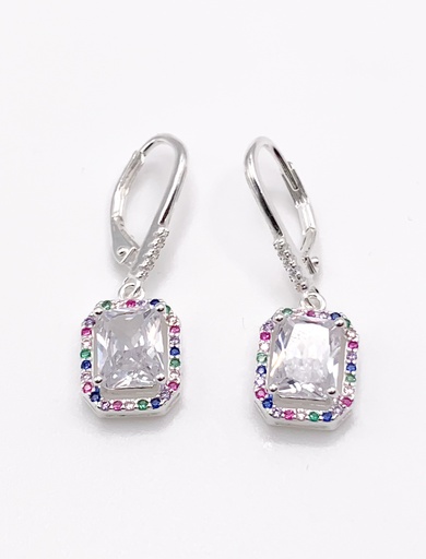 [E0383] Aretes plata de asa con colgante rectangular blanca y borde de piedras multicolor