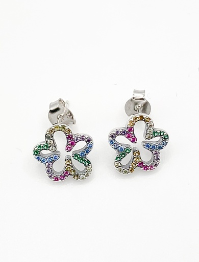 [E0392] Aretes plata flor piedras multicolor