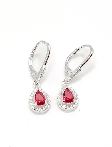 [E0403] Aretes plata de asa con colgante de gota piedra roja con circones alrededor