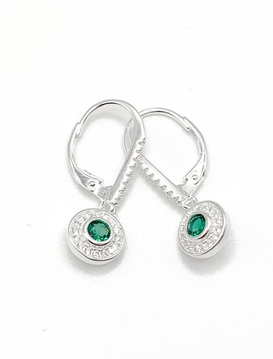 [E0409] Aretes plata de asa con colgante circular verde con circones blancos