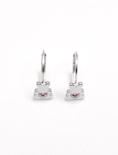 [E0432] Aretes plata de asa oso liso con corazon de circon fucsia