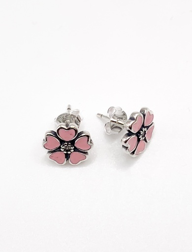 [E0445] Aretes plata flor rosada petalos corazon