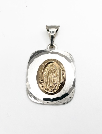 [P0022] Dijes plata cuadrado plateado con virgen guadalupe dorada