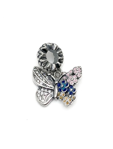 [P0136] Dijes plata mariposa flores de colores
