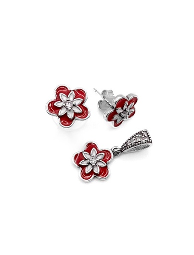 [S0029] Juegos plata flor esmalte roja a presión
