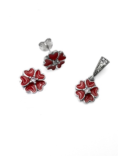 [S0036] Juegos plata flor esmaltada roja a presion