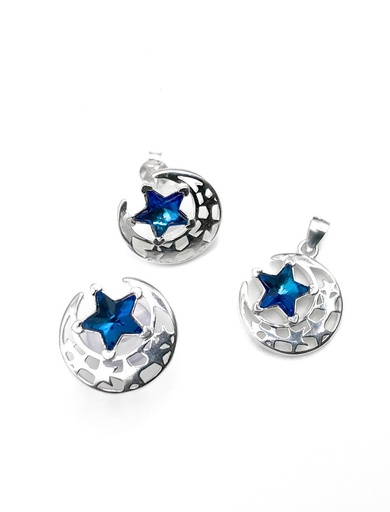 [S0038] Juegos plata luna lisa y estrella turquesa a presion