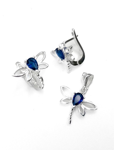 [S0046] Juegos plata libelula piedra azul patente