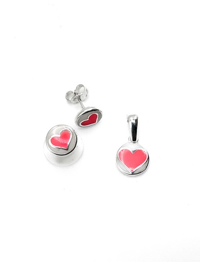 [S0065] Juegos plata corazon esmaltado blanco con fuccia a presion