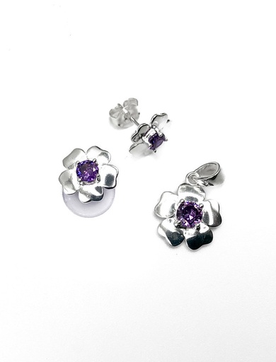 [S0075] Juegos plata flor lisa piedra morada a presion