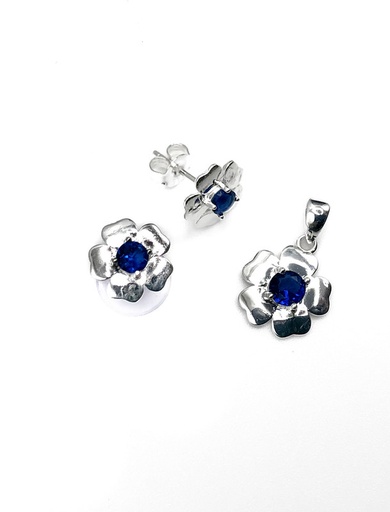 [S0076] Juegos plata flor lisa piedra azul a presion