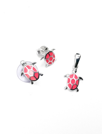 [S0079] Juegos plata tortuga esmaltada fuccia a presion